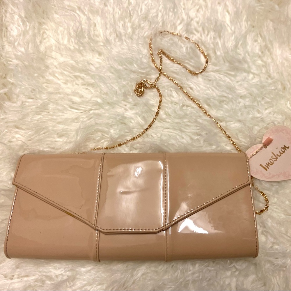 NWT Nude Patent Clutch purse with chain strap